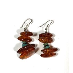 925 Thai Amber Turquoise Chips Earrings Dangle Drops Artisan 10.22g